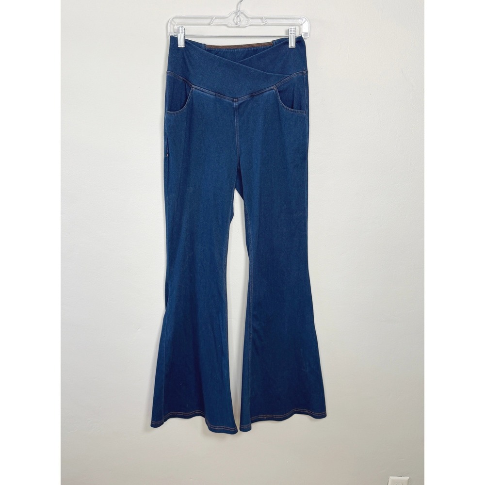 Halara Flare Leggings Women M Tall Blue Crossover Waist Stretch Denim Pockets